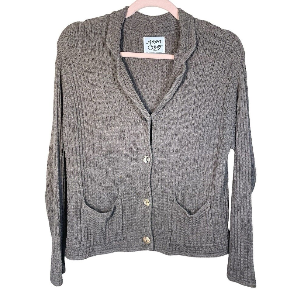 MARGARET O'LEARY Tan  knit button front cardigan sweater sz M Pockets Collar‎